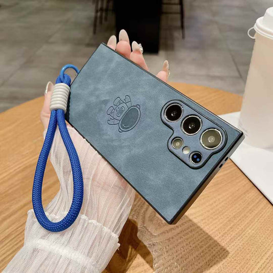 For Samsung S25Ultra S25Edge S24 S23 S22 S21 Note20 A16 A26 A36 A55 A56 Case With Weave Wristband, Astronaut Pattern Matte Suede Leather Shockproof Hard Phone Case