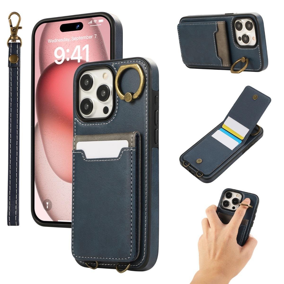 For iPhone 16ProMax 16 15 14 13 12 Leather Phone Case with Double Folding Wallet Wristband, Anti-Fall Card Slot Ring Kickstand Shockproof Business Hard Full Cover