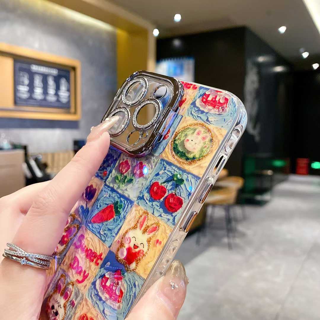 For iPhone 16ProMax 16 15 14 13 12 11 Phone Case with Diamond Camera Kickstand, Smiling Face Rainbow Rabbit Deer, Luxury Oil Painting Camera Frame Anti-drop Hard Shockproof Full Cover