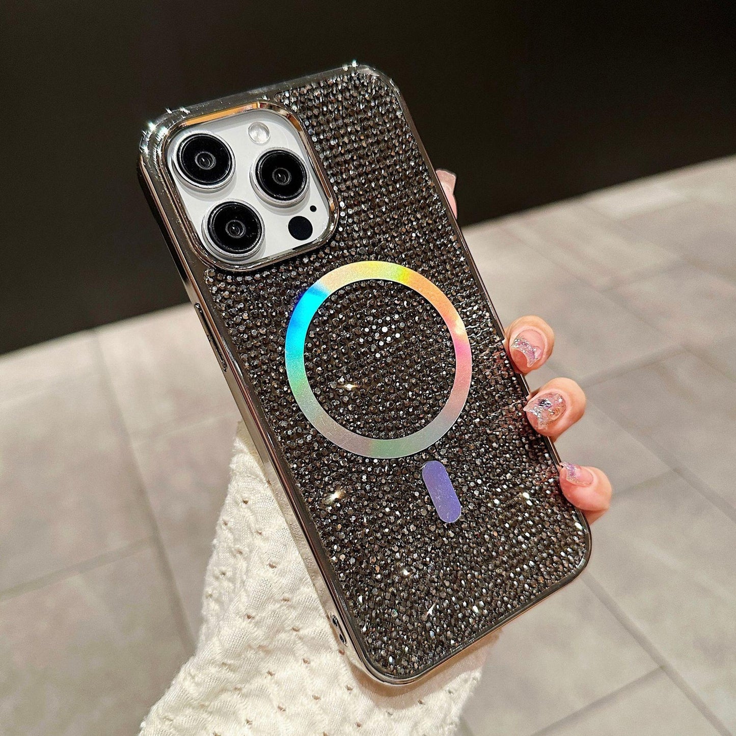 Luxury Rhinestone Glitter Plating Slim PC Strong Magnetic Phone Case For iPhone 16ProMax 15 14 13 Hard Support Wireless Charging Full Cover