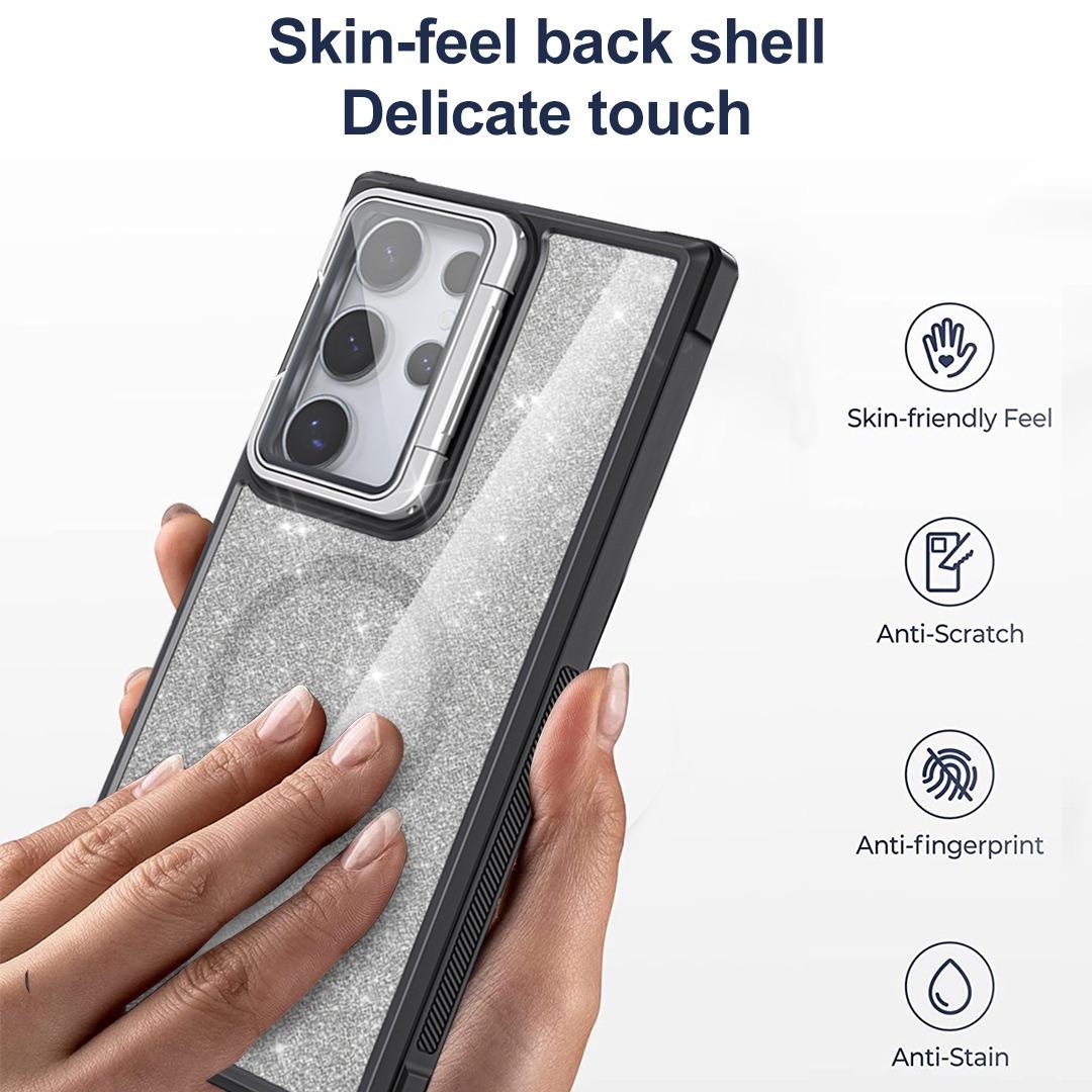 For Samsung S25Ultra S25 S24 S23 S21FE S20FE Strong Magnetic Phone Case, Glass Camera Kickstand Protection, Glitter Clear Acrylic Four Corner Shockproof Bumper Hand Feel Hard Full Cover