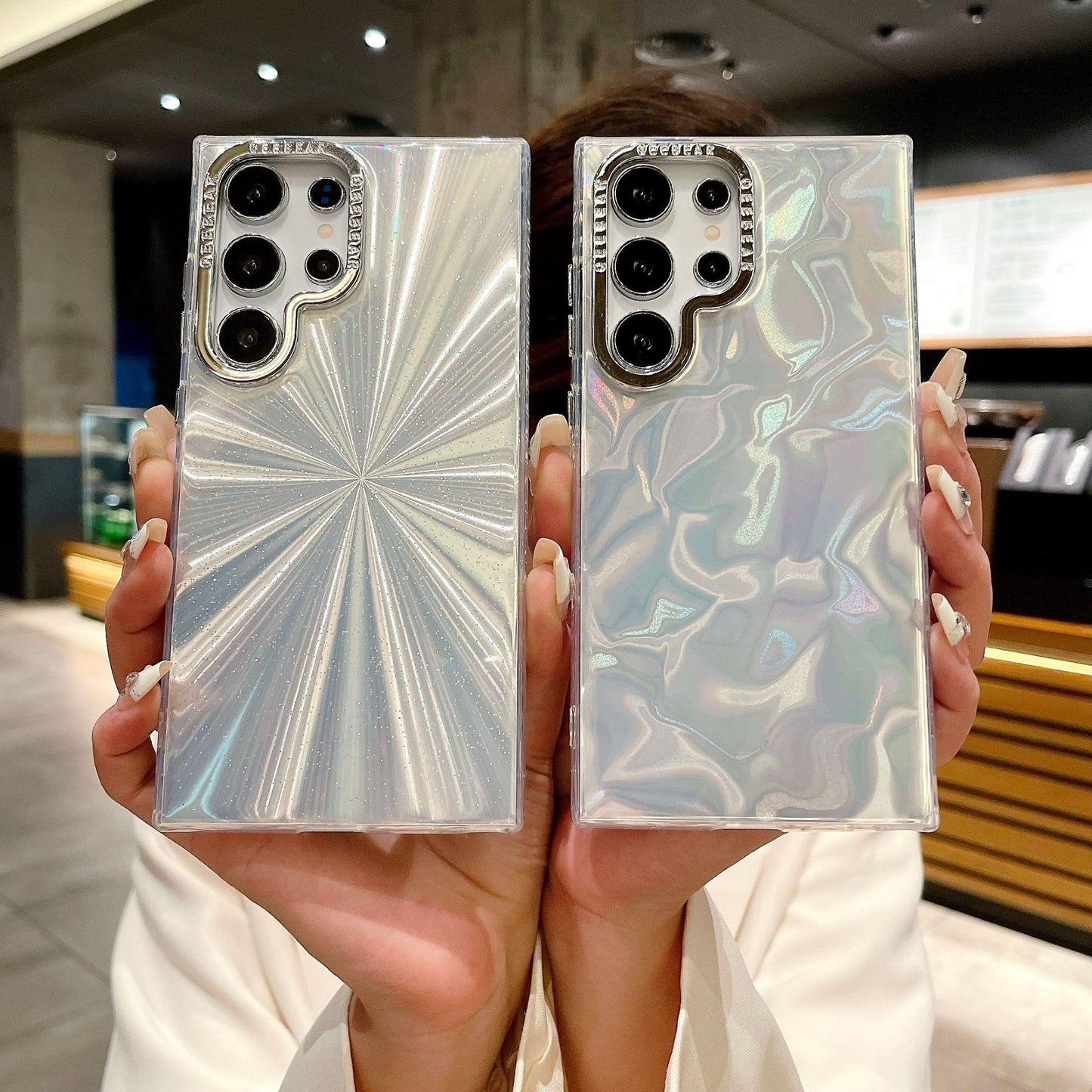 For Samsung S25Ultra S25 S24 S23 S22 Phone Case, Luxury Electroplating Laser Feathers Silk Pattern Acrylic Slim, Full Camera Protection Non-Yellowing Hard Cover