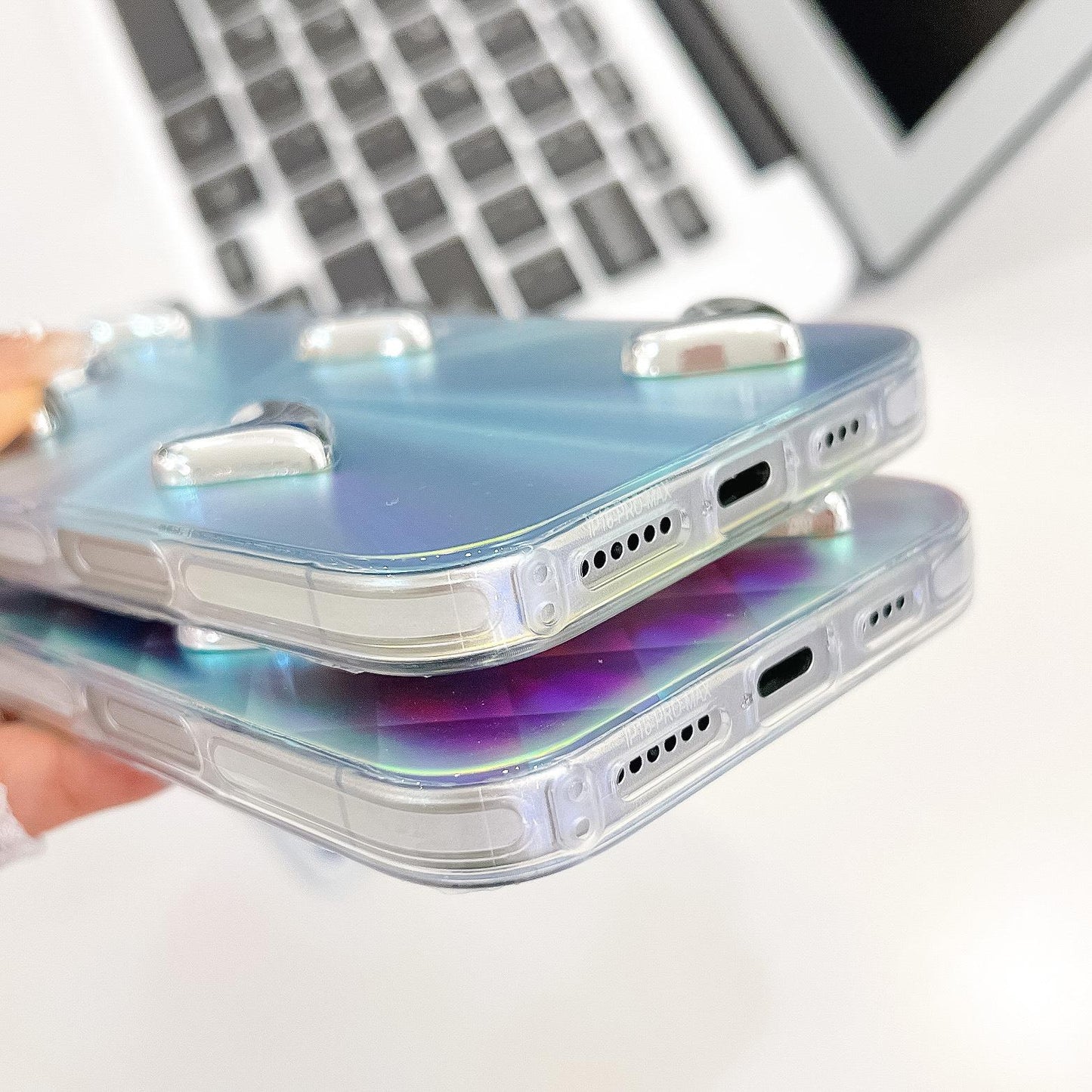 For iPhone 16ProMax 16 15 14 13 Phone Case, Electroplating Laser Love Heart Pattern Acrylic Slim, Camera Protection Non-Yellowing Hard Cover