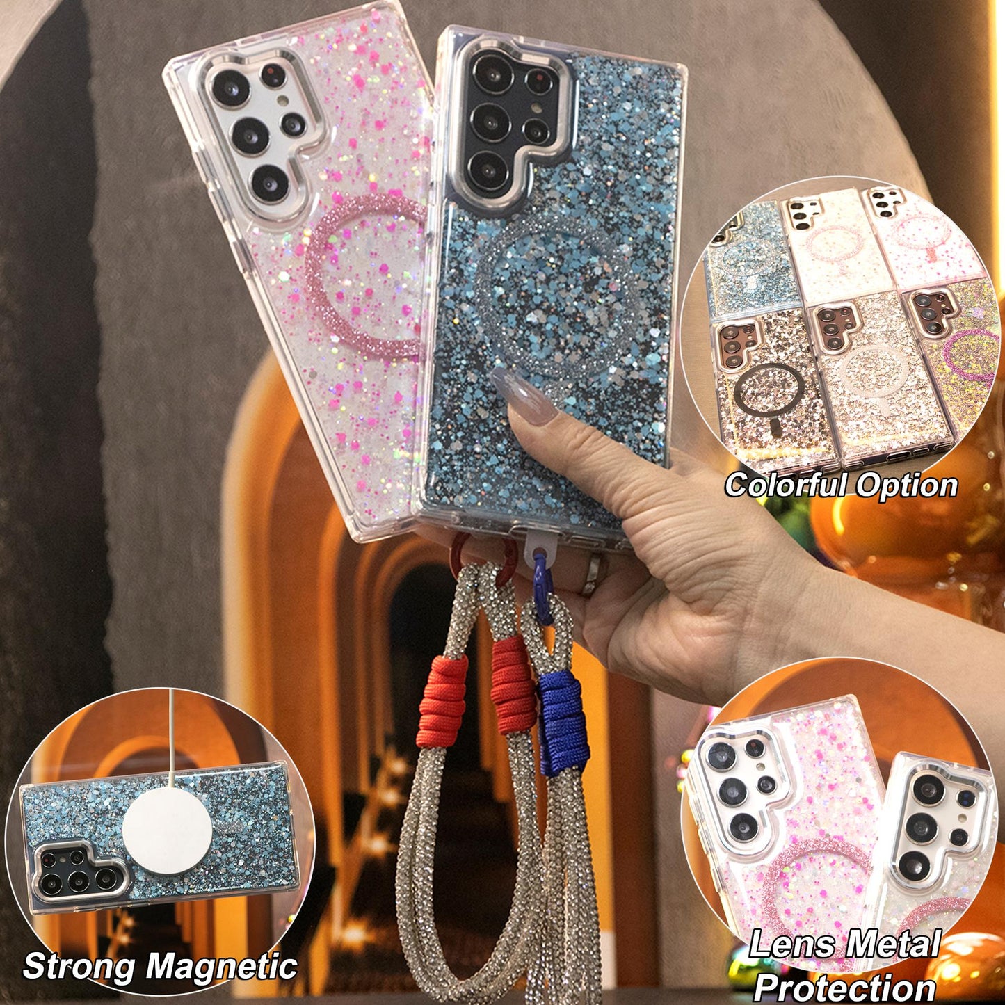 Glitter Glitter Transparent Strong Magnetic Phone Case With Weave Diamond Wristband For Samsung S25Ultra S24 S23 A14 A15 A16 A24 A25 A34 A35 A54 A55 Metal Frame Shockproof Acrylic Hard Cover