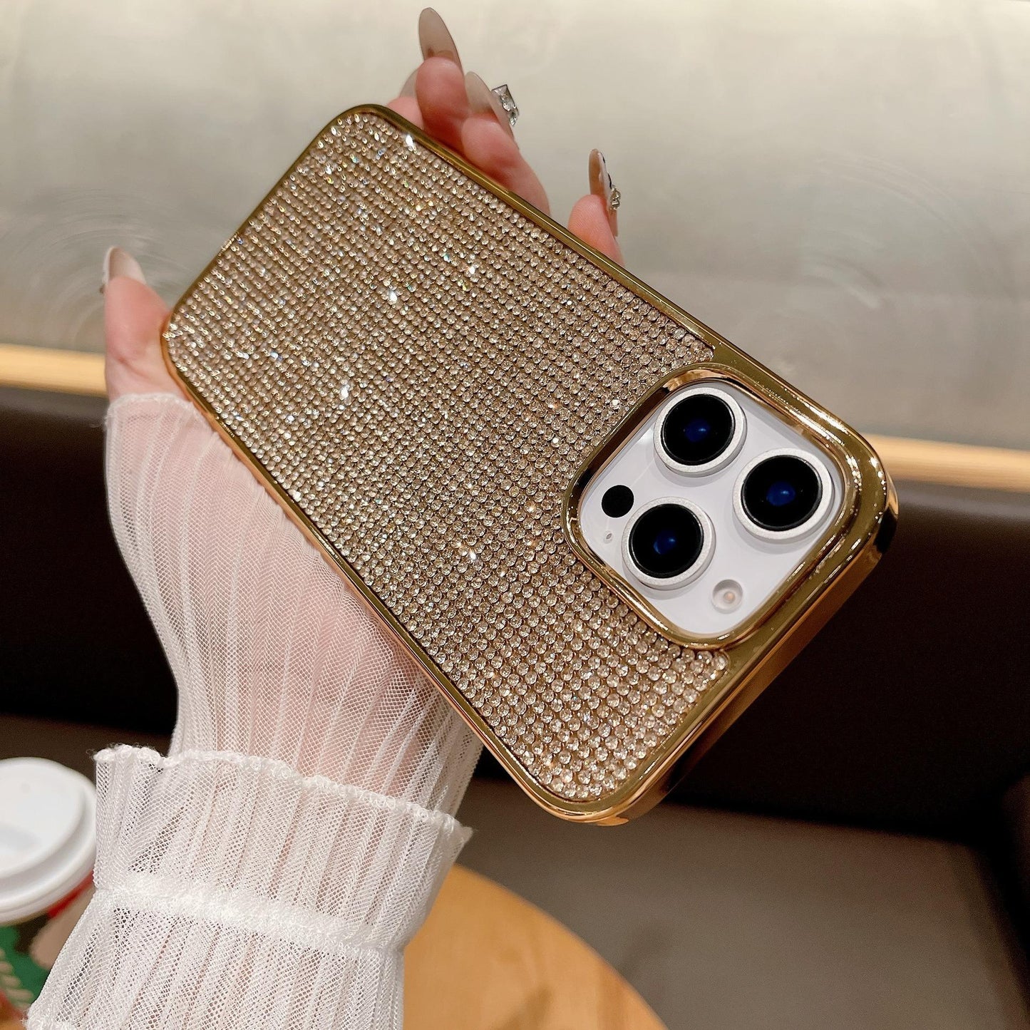 Luxury Rhinestone Glitter Plating Slim PC Phone Case For iPhone 16ProMax 15 14 13 Hard Full Cover