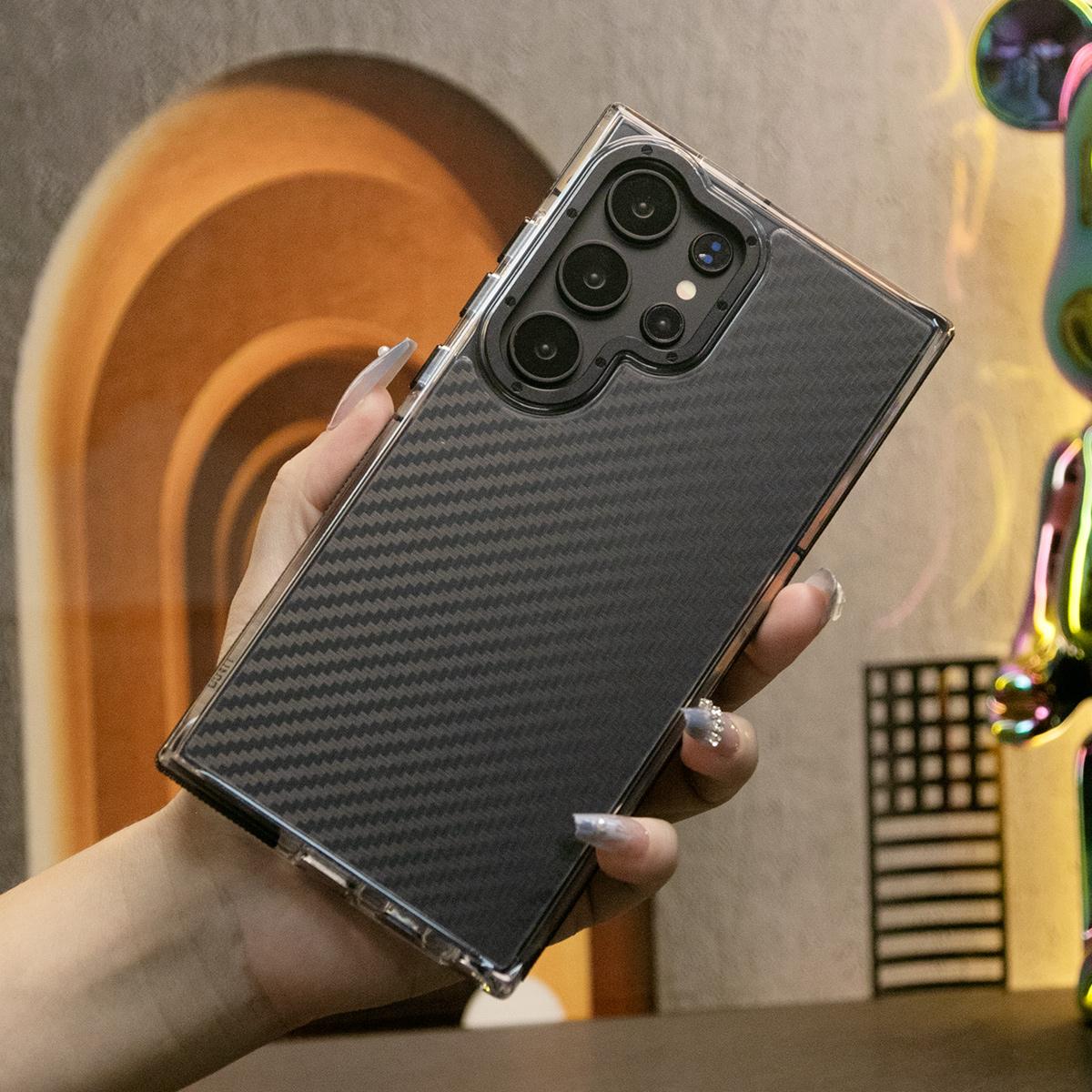 Carbon Fiber Pattern Phone Case, Metal Hardware Camera Protective Acrylic Cover, Clear No Yellow, With Shockproof  Anti-Fall Bumper For Samsung S25Ultra S24 S23 S21FE A14 A15 A24 A25 A35 A54 A55 A05