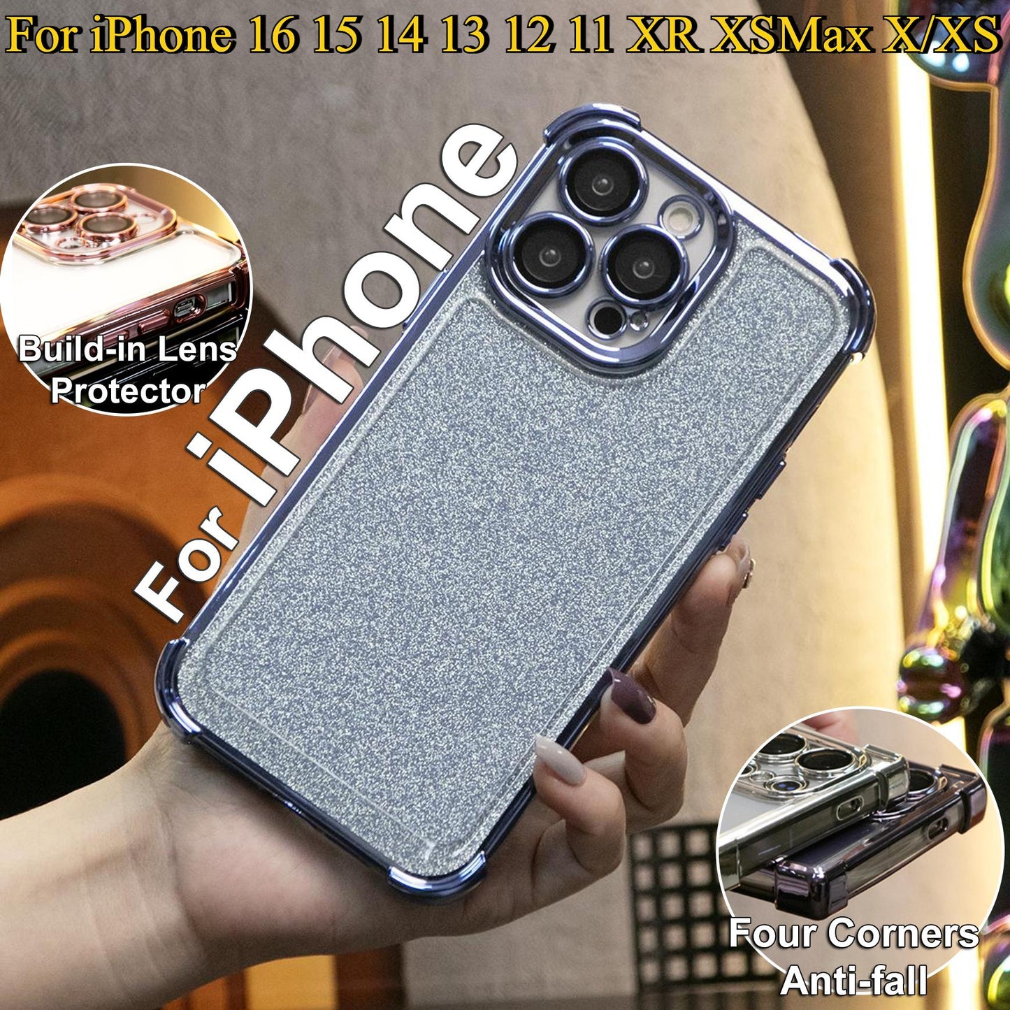 Glitter Clear Four Corners Anti Fall Transparent Plating Phone Case For iPhone 16 15 14 13 12 11 XR XSMax X/XS Built-in Camera Protector Hard Full Cover