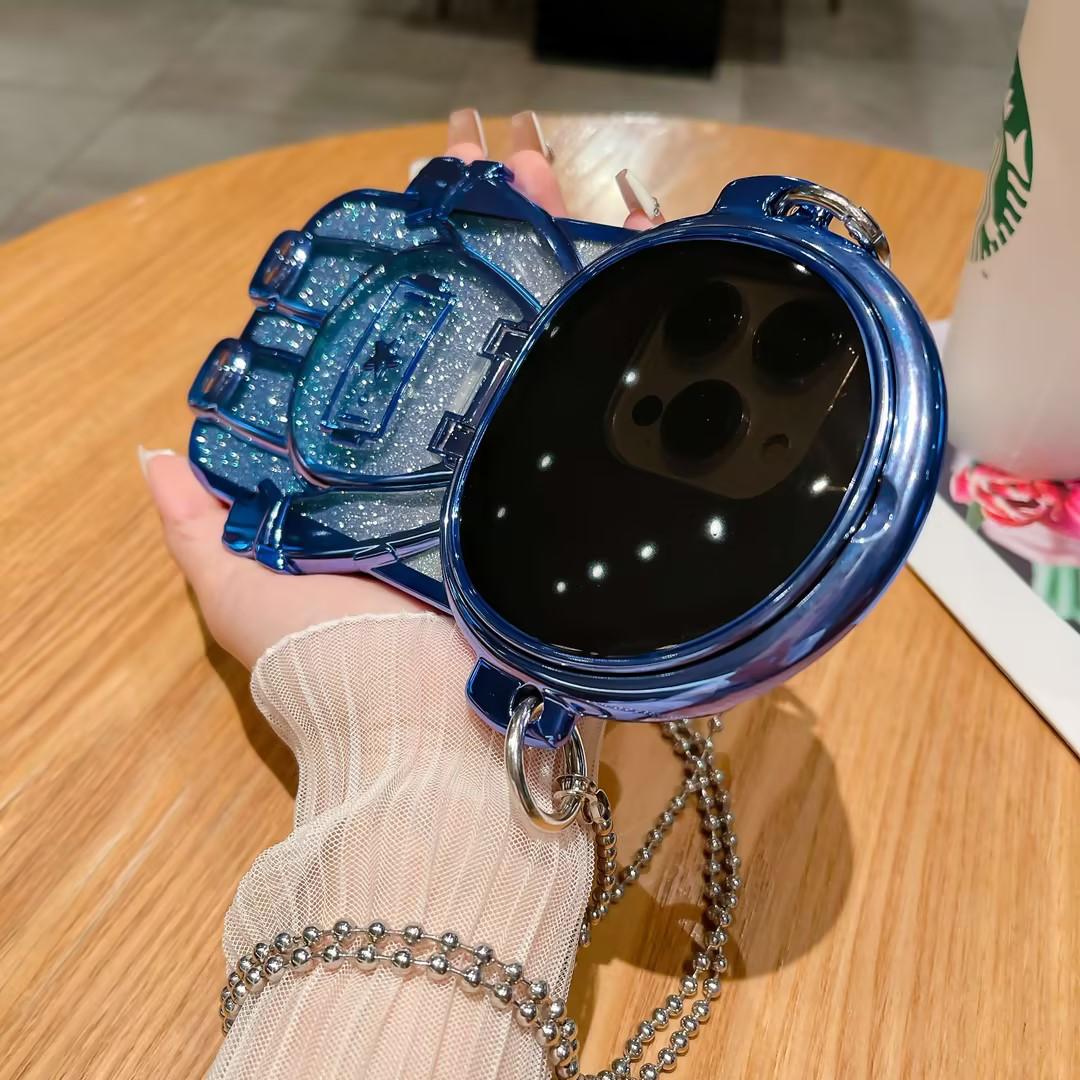 Luxury Glitter  Diagonal Hanging Chain Plating Mirror Astronaut Case For iPhone 16 15 14 13 12 Pro Max Fashion Bracket Square Case Back Cover