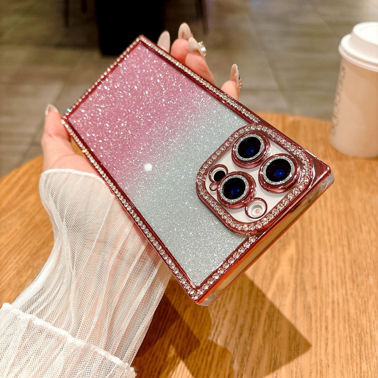 Glitter Rhinestone Clear TPU Square Phone Case with Len Protector For iPhone 16ProMax 15 14 13 Transparent Bumper Shockproof Soft Full Cover
