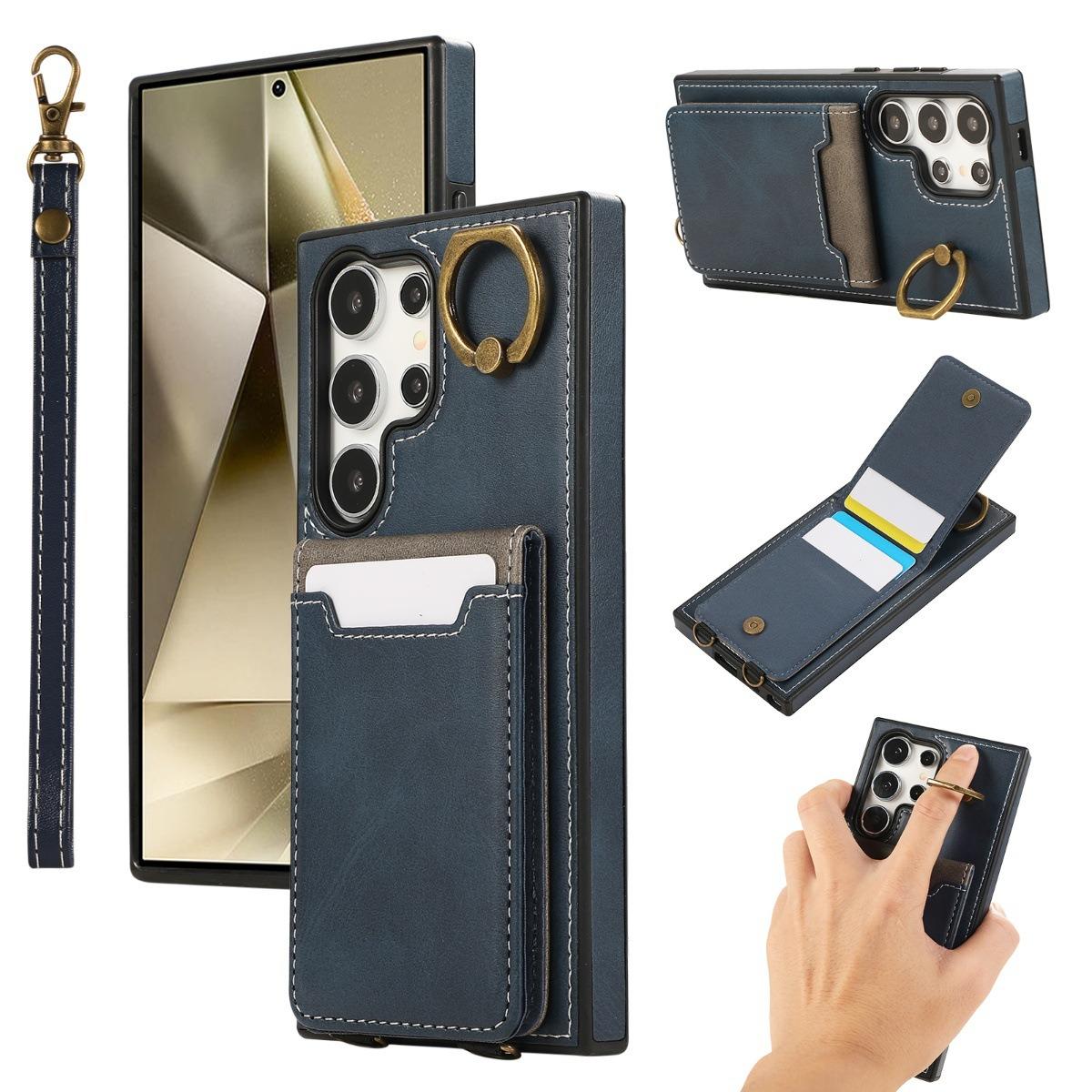 For Samsung S25Ultra S24 S23 S22 A16 A15 A35 A55 Leather Phone Case with Double Folding Wallet Wristband, Anti-Fall Card Slot Ring Kickstand Shockproof Business Hard Full Cover