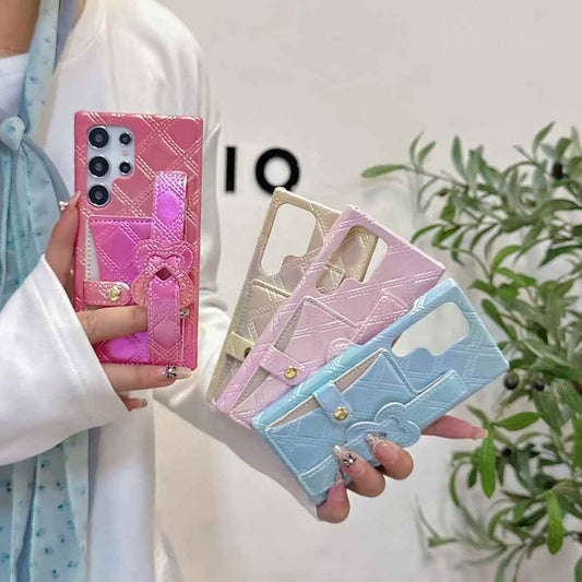For Samsung S25Ultra S24Ultra S23Ultra S22Ultra Case With Portable Wristband, Colorful Gradient Laser Quilted Lining Leather Wallet Shockproof Card Slot Hard Full Cover