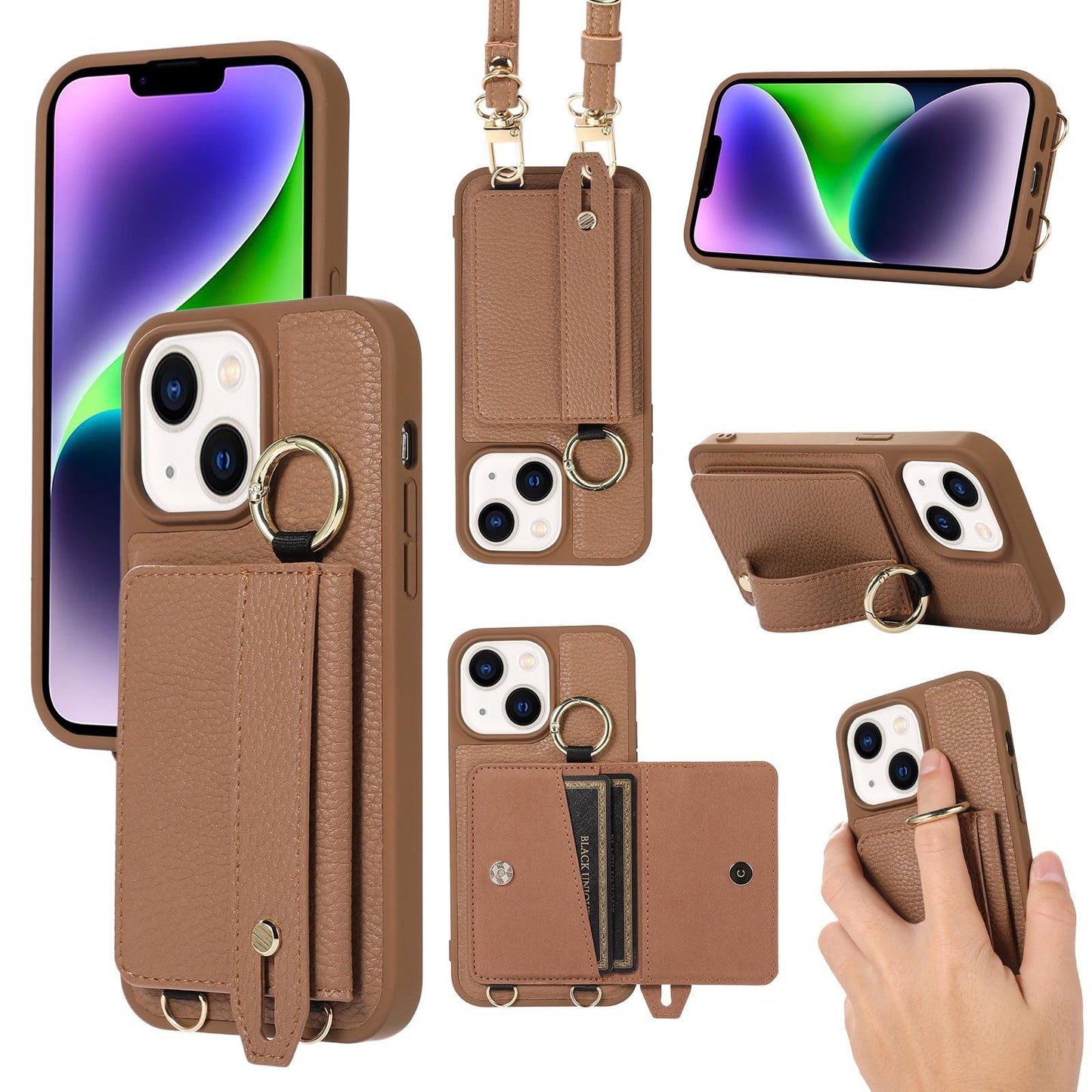 For iPhone 16ProMax 16 15 14 13 12 11 Leather Phone Case with Double Folding Wallet Lanyard, Anti-Fall Card Slot Wristband Ring Kickstand Shockproof Business Hard Full Cover