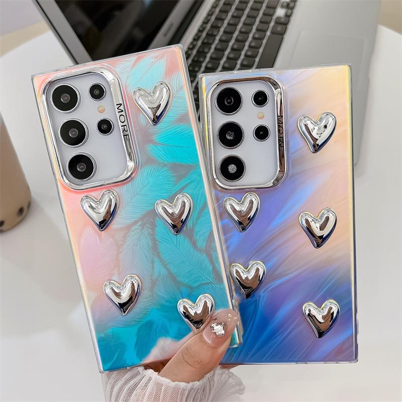 For Samsung S25 S24 S23 S22 A15 A25 A35 A54 A55 Phone Case, Electroplating Laser Love Heart Pattern Acrylic Slim, Camera Protection Non-Yellowing Hard Cover