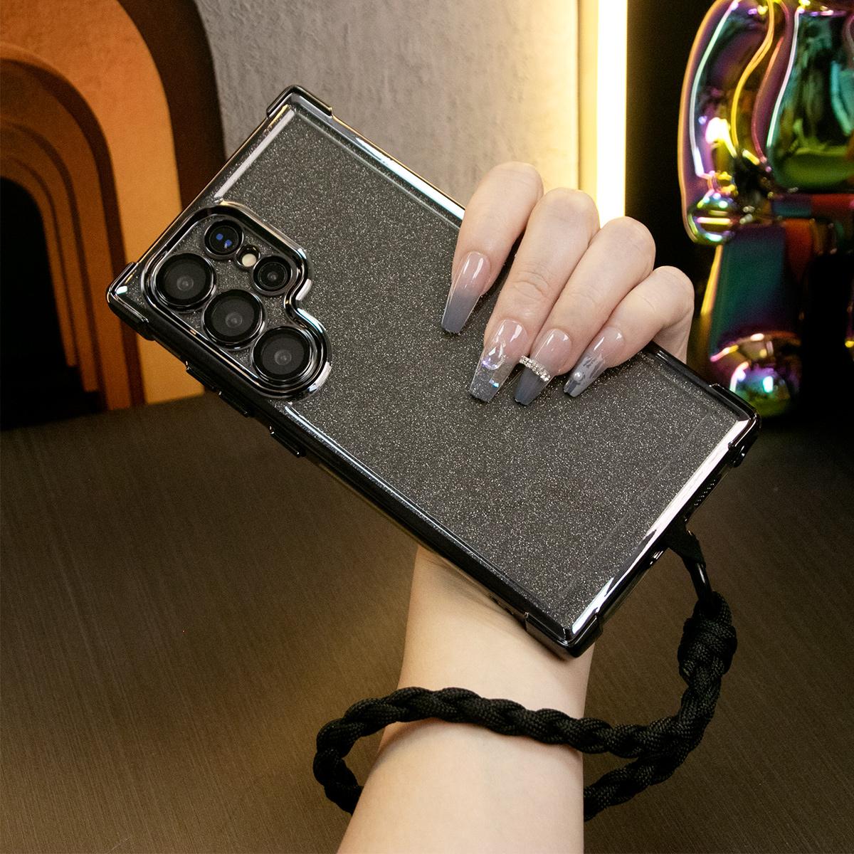 Luxury Glitter Plating Four Corners Shockproof Clear Case With Woven Wristband For Samsung S25 S24 S23 S22 S21 Note20 Transparent Hard Acrylic Hybrid Bumper Armor Cover