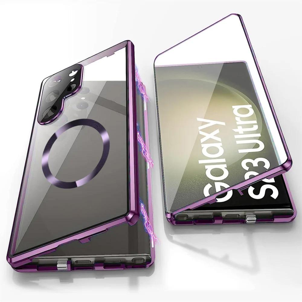 HD Clear Magnetic Double Sided Tempered Glass Front Matte Magnetic Ring Back Phone Case For Samsung S25Ultra S25 S24 S23 S22 S21 Aluminum Alloy Frame Full Cover [Not Support Fingerprint]