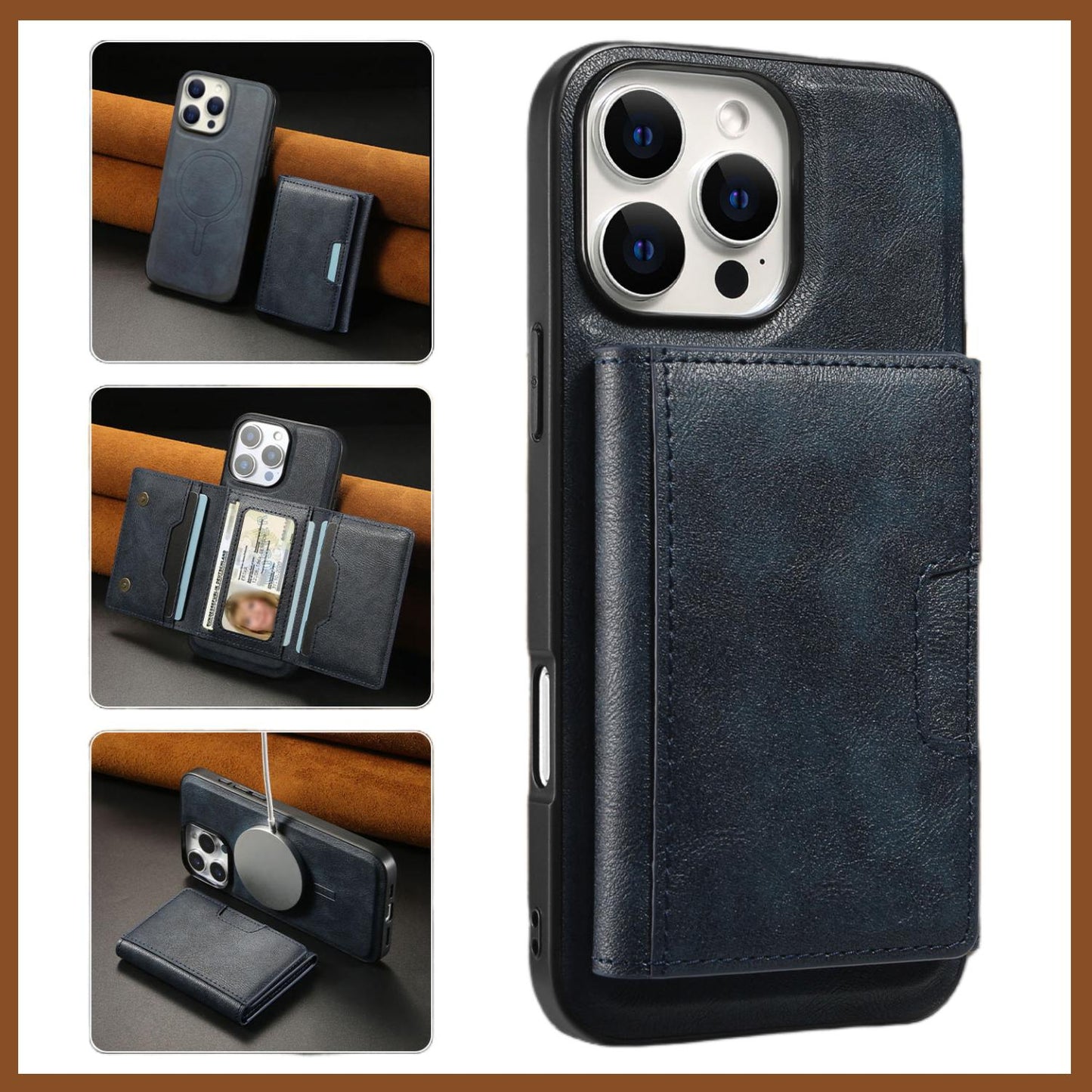 For iPhone 16ProMax 16 15 14 13 12 Leather Phone Case with Strong Magnetic Triple Fold Wallet, Anti-Fall Card Bag Kickstand for Magsafe Shockproof Business Hard Full Cover