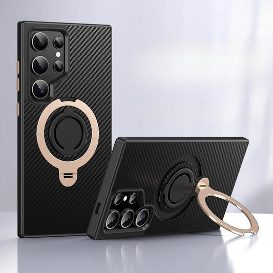 Carbon Fiber Pattern Slim PC Business Strong Magnetic Phone Case with Metal Kickstand For Samsung S25Ultra S25+ S25 S24 S23 Skin Feel Bumper Shockproof Hard Full Cover
