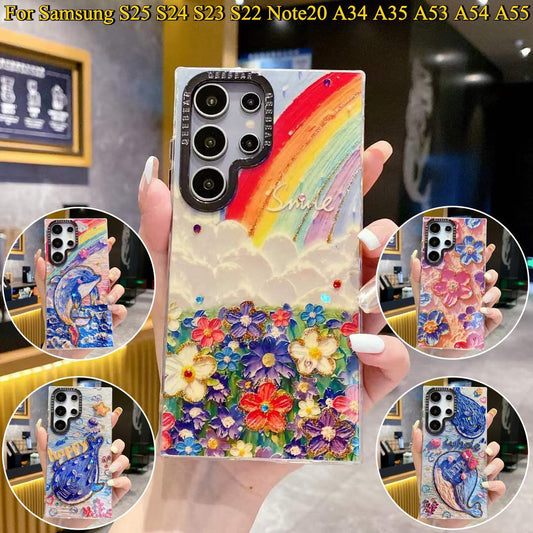 For Samsung S25 S24 S23 S22 A34 A35 A53 A54 A55 Note20Ultra Phone Case, Luxury Elegant Colorful Rainbow Whale Dolphin Flower Oil Painting Metal Camera Frame Anti-drop Hard Shockproof Full Cover