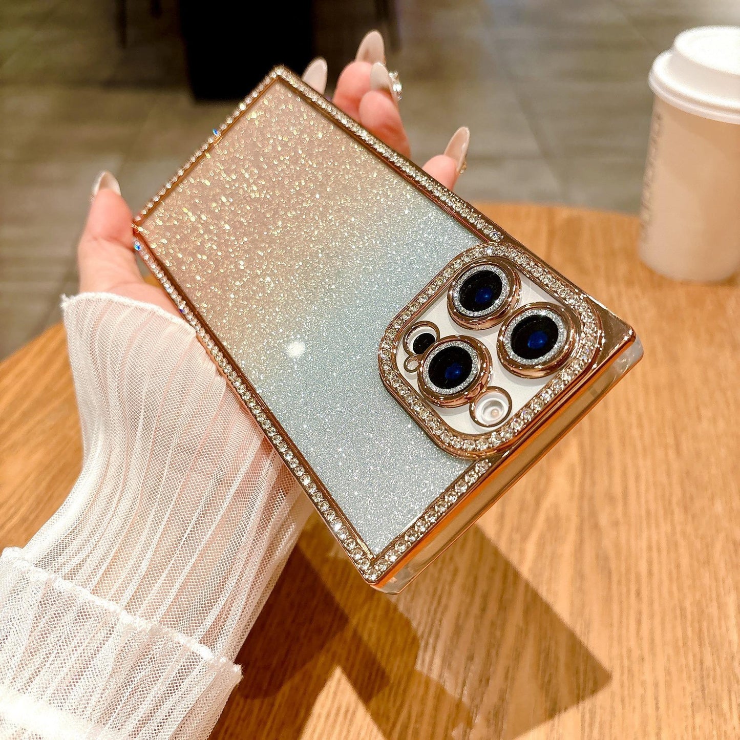 Glitter Rhinestone Clear TPU Square Phone Case with Len Protector For iPhone 16ProMax 15 14 13 Transparent Bumper Shockproof Soft Full Cover