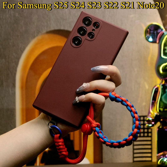 Liquid Silicone Matte Shockproof Phone Case With Adjustable Woven Strap For Samsung S25 S24 S23 S22 S21 Note20 Camera Protect Soft Cover