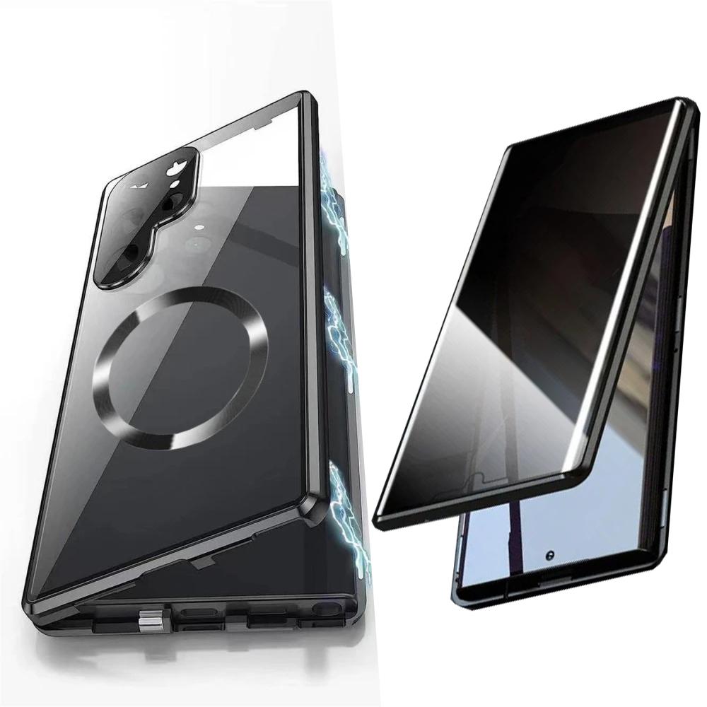 Privacy Tempered Glass Front Acrylic Magnetic Ring Black Cover Double Sided Magnetic Phone Case for Samsung S25Ultra S25 S24 S23 S22 S21 Metal Frame Anti-peep Full Case with Len Protection
