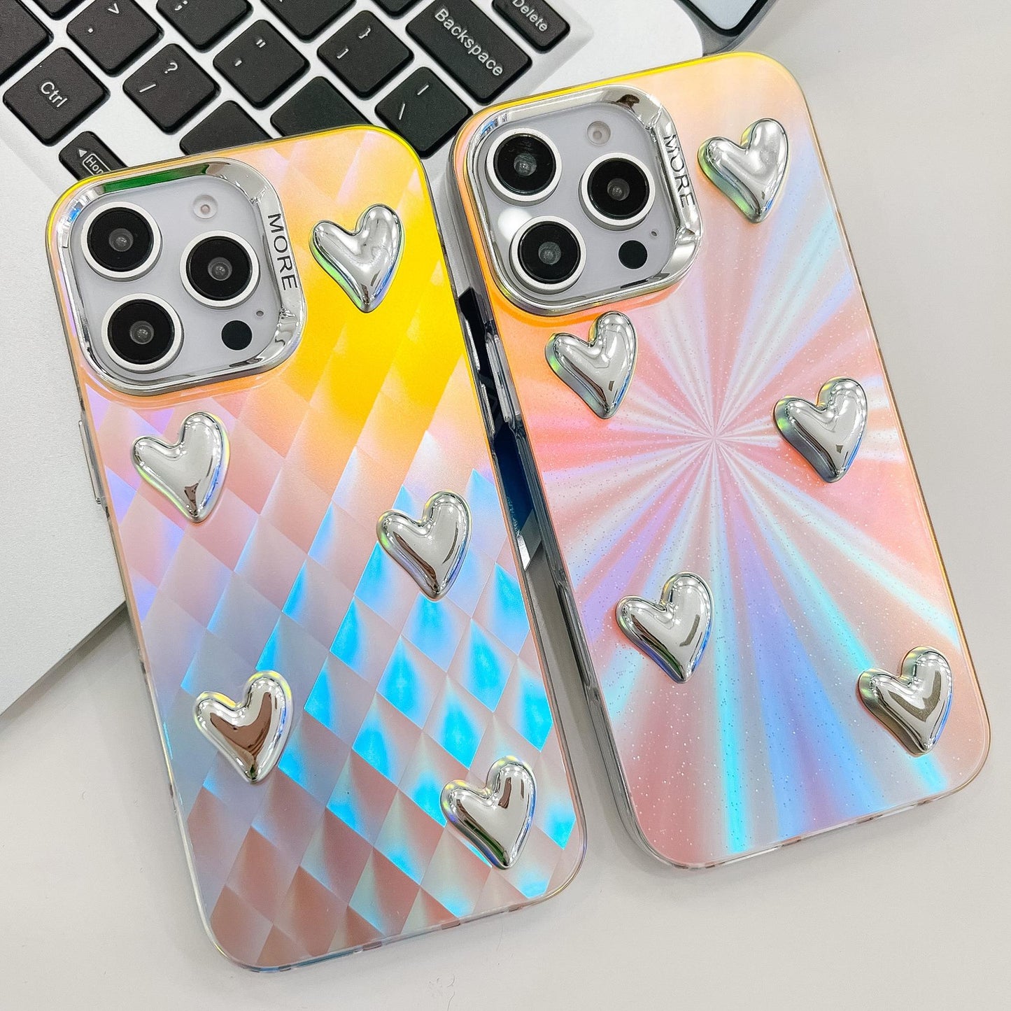 For iPhone 16ProMax 16 15 14 13 Phone Case, Electroplating Laser Love Heart Pattern Acrylic Slim, Camera Protection Non-Yellowing Hard Cover
