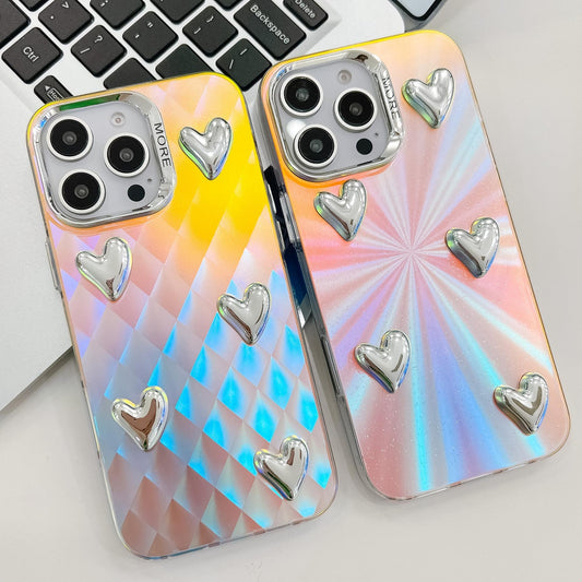 For iPhone 16ProMax 16 15 14 13 Phone Case, Electroplating Laser Love Heart Pattern Acrylic Slim, Camera Protection Non-Yellowing Hard Cover
