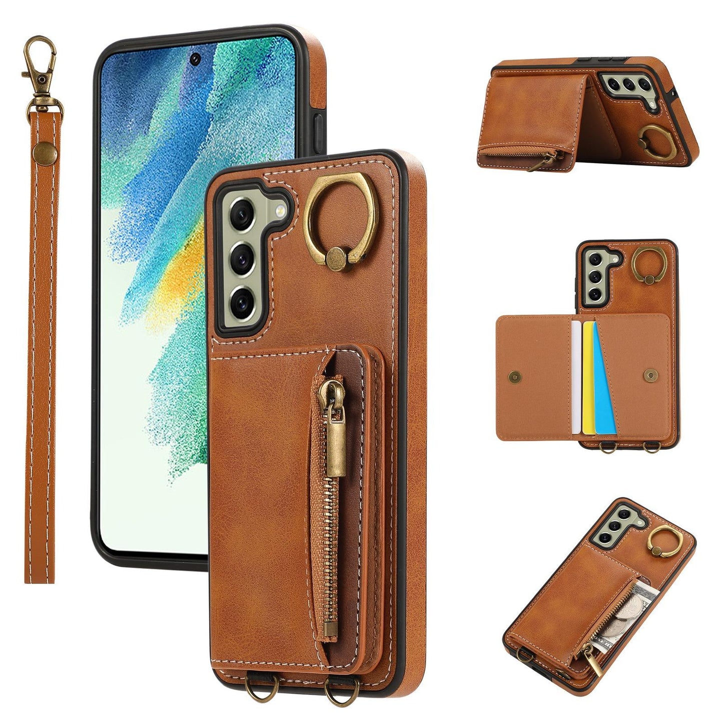 For Samsung S25Ultra S24 S23 S22 A16 A15 A35 A55 Leather Phone Case with Double Folding Wallet Wristband, Anti-Fall Card Bag Kickstand Shockproof Business Hard Full Cover