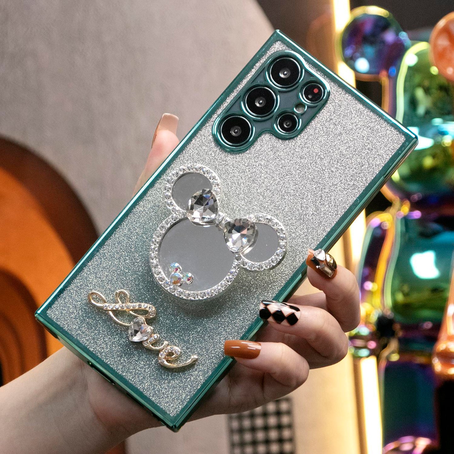 Luxury Diamond Mouse Head Mirror Kickstand Glitter Clear Gradient TPU Plating Shockproof Soft Phone Case For Samsung S25 S24 S23 S22 S21 Note20