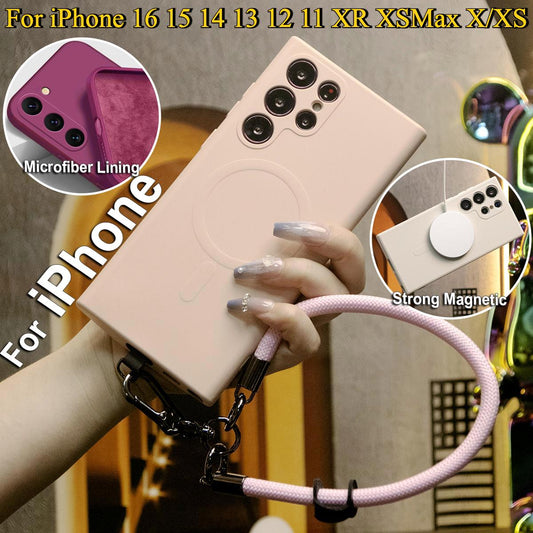 Strong Magnetic Slim Silicone Phone Case With Multifunctional Climbing Rope For iPhone 16 15 14 13 12 11 XR XSMax X/XS, Soft Liquid Silicone Shockproof Full Cover With Microfiber Lining
