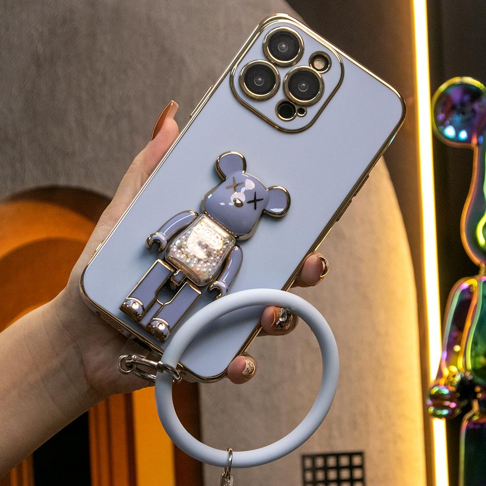 For iPhone 16 15 14 13 12 11 XR XSMax X/XS Phone Case, Candy Bear Kickstand with Silicone Bracelet, Plating Electroplate Luxury Elegant Case Camera Protector Pop Stand Shockproof Soft Cover