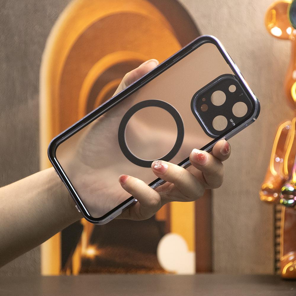 Double Sided HD Glass Matte Back Cover Aluminium Alloy For Magsafe Full Cover 360 Magnetic Ring High Definition Metal Case For iPhone 16ProMax 16 15 14 13 12 Pro Max Glass Full Cover