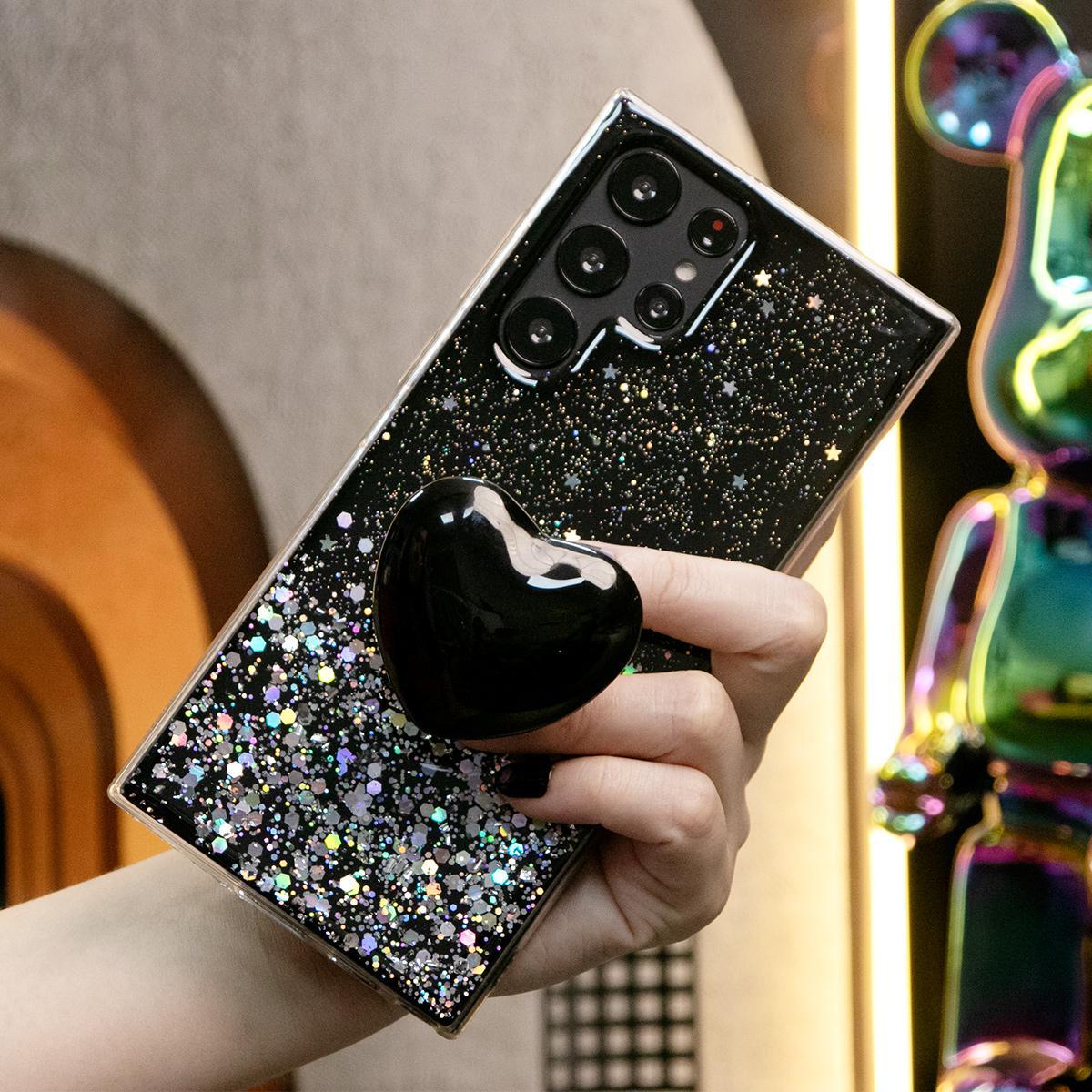 Glitter Star Sequin Crystal Love Heart Stand Phone Case For Samsung S25 S24 S23 S22 S21 Note20 A15 A25 A35 A55 Clear Soft TPU Back Cover