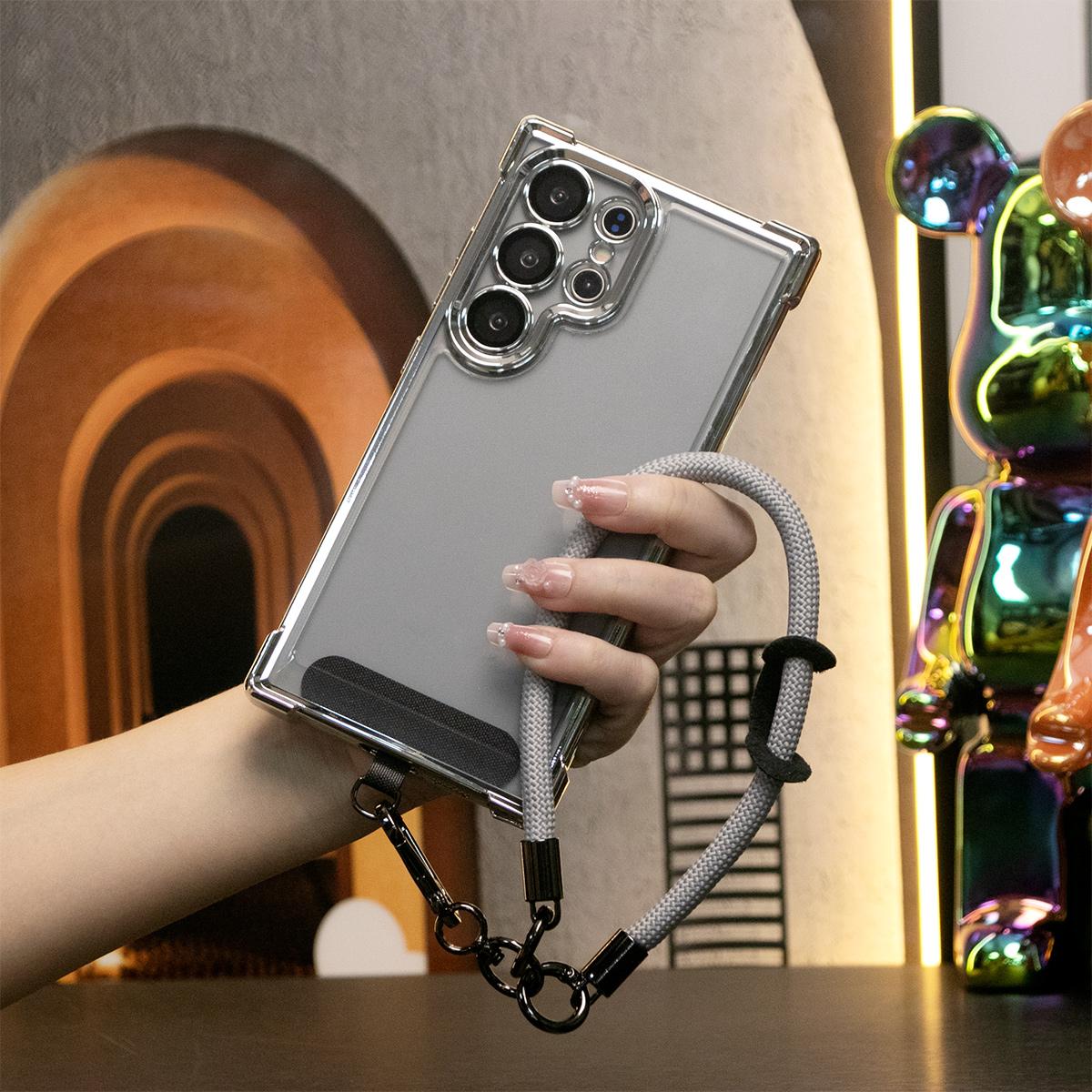 Electroplated Four Corners Anti-fall Transparent Hard PC Phone Case With Multifunctional Wristband For Samsung S25Ultra S25 S24FE S24Ultra S24 S22 S21 Note20, Full Cover with Camera Protector