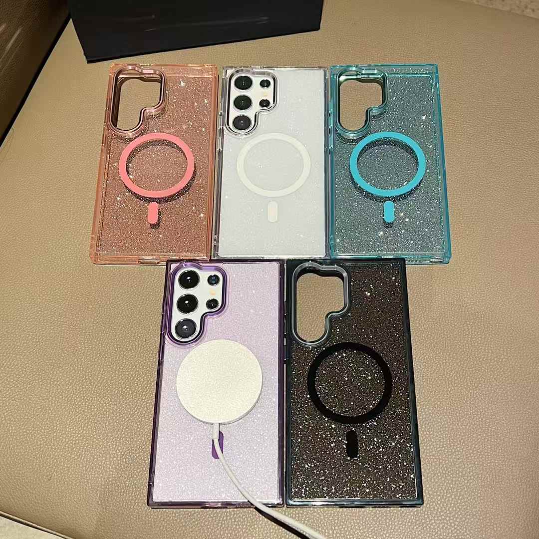 Glitter Transparent Strong Magnetic For Magsafe Phone Case For Samsung S25Ultra S25+ S25 S24Ultra S23FE S23Ultra S24 S23 Metal Frame Shockproof Bumper Acrylic Hard Cover