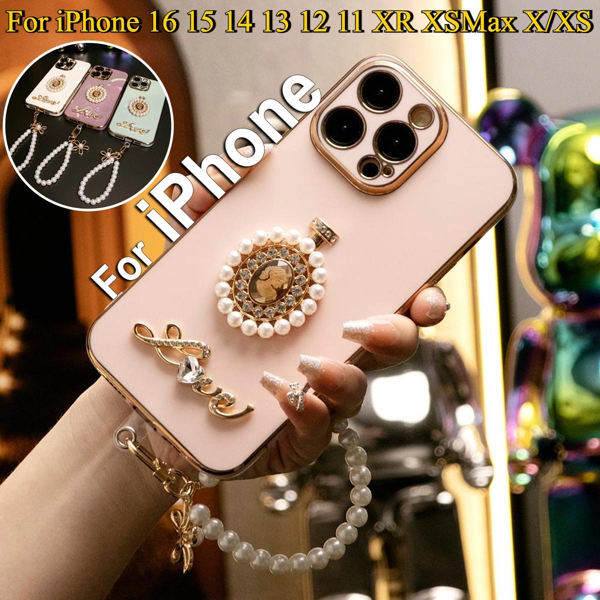 For iPhone 16 15 14 13 12 11 XR XSMax X/XS Phone Case, Pearl Perfume Bottle with Chain, Plating Electroplate Luxury Elegant Case Camera Protector Shockproof Soft Cover