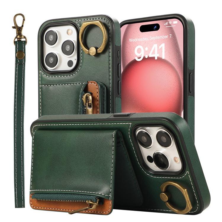 For iPhone 16ProMax 16 15 14 13 12 Leather Phone Case with Double Folding Wallet Wristband, Anti-Fall Card Bag Kickstand Shockproof Business Hard Full Cover