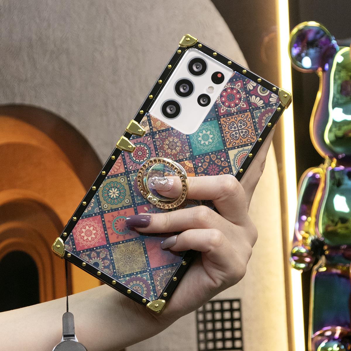 Luxury Glitter Retro Flower Pattern Cover For Samsung S25 S24 S21 S22 S23Ultra Fashion Geometric Square Case For Samsung A74 A73 A72 A71 A55 A54 A53 A52 A35 A34 A24 A25 A14 A15