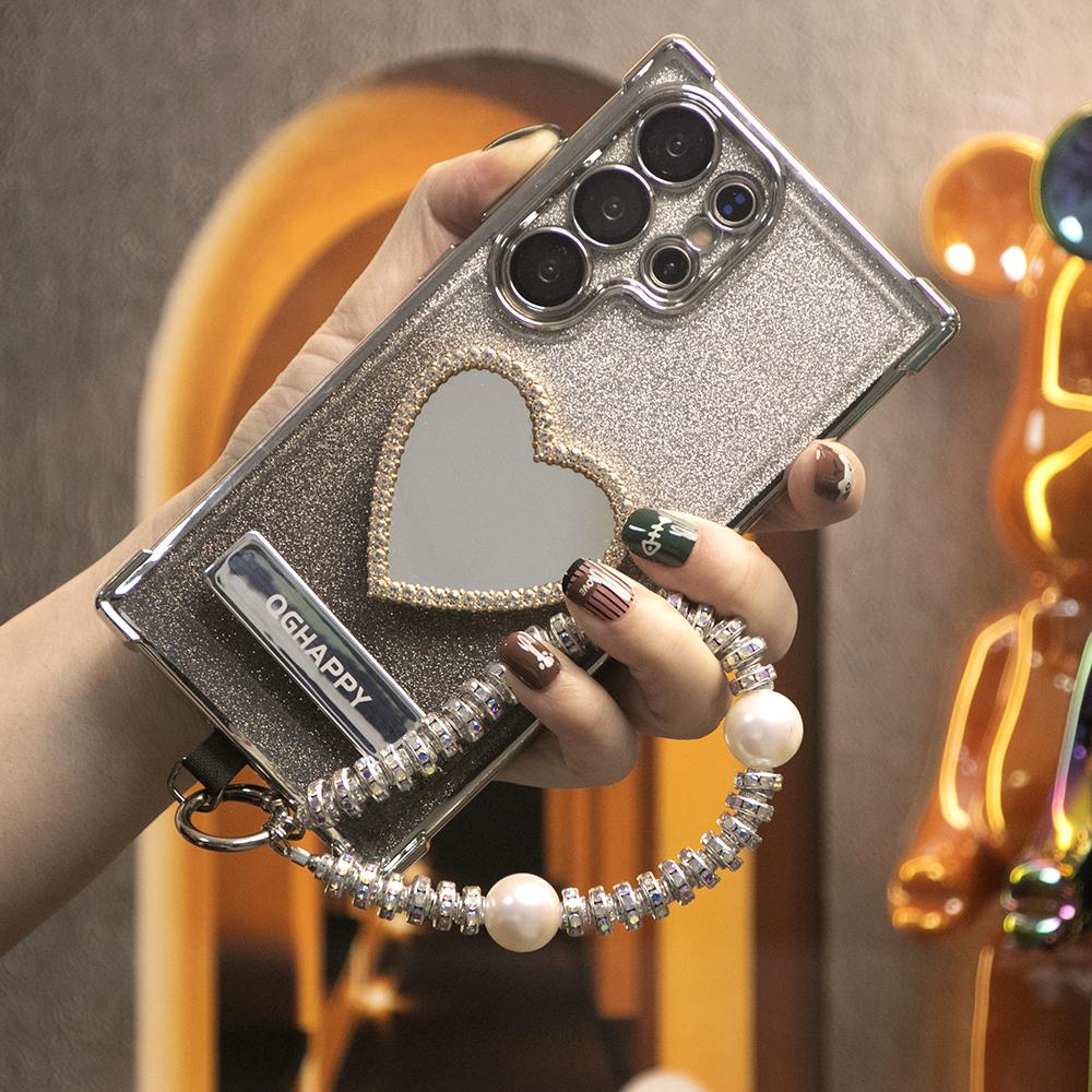 Gradient Plating Four Corners Love Heart Mirror Thin Kickstand Case with Pearl Diamond Wristband for Samsung S25Ultra S25 S24 S23 S22 S21 Note20 A53 A54 A55 Hard Acrylic Bumper Full Cover