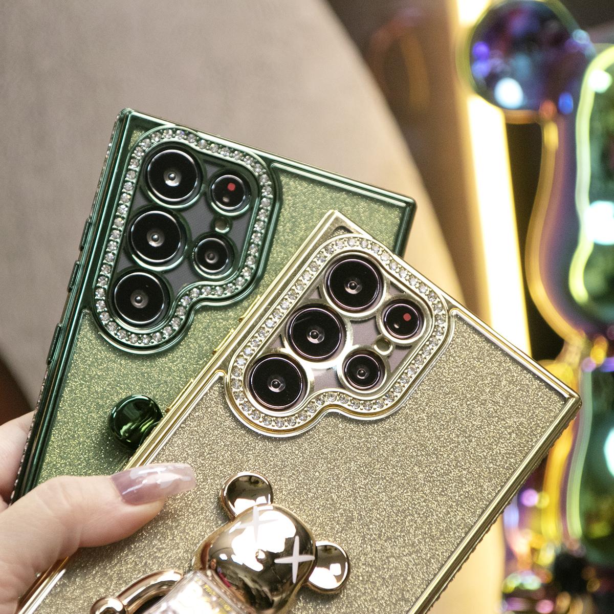 For Samsung S25Ultra S25 S24 S23 S22 Plus Ultra Case, Clear Rhinestone Candy Bear Kickstand, Glitter Luxury Elegant Plating Case Camera Protection Shockproof Soft Cover