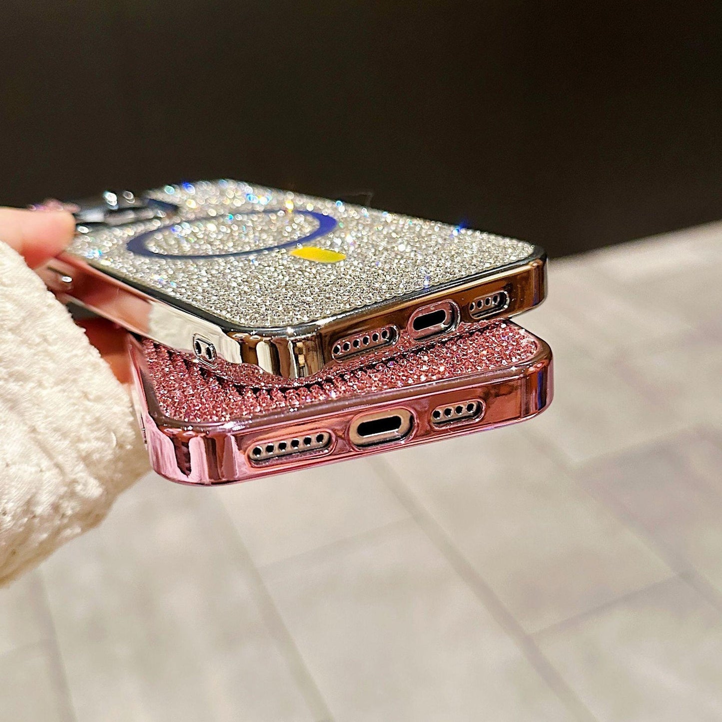 Luxury Rhinestone Glitter Plating Slim PC Strong Magnetic Phone Case For iPhone 16ProMax 15 14 13 Hard Support Wireless Charging Full Cover