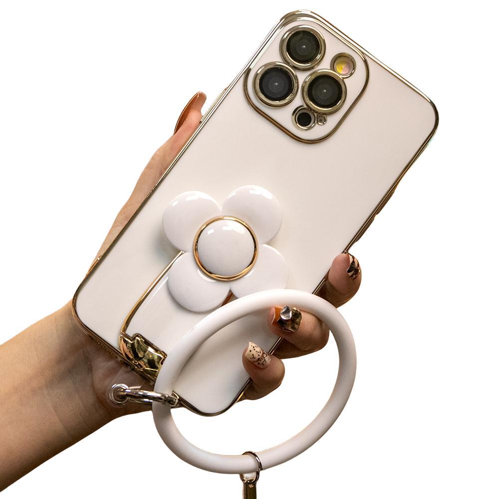 For iPhone 16 15 14 13 12 Pro Max Phone Case, Windmill Kickstand with Bracelet, Plating Electroplate Luxury Elegant Case Camera Protector Pop Stand Shockproof Soft Cover