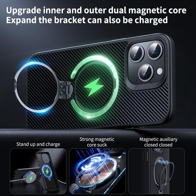 Double Ring Carbon Fiber Pattern Slim PC Strong Magnetic Phone Case with 360 Rotating Metal Kickstand For iPhone 16ProMax 15 14 13 12 Skin Feel Bumper Shockproof Hard Full Cover