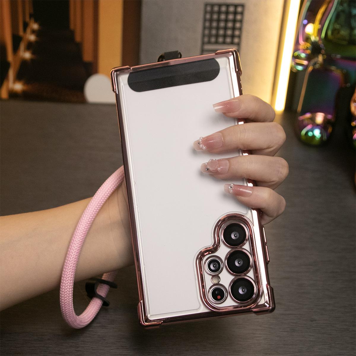 Electroplated Four Corners Anti-fall Transparent Hard PC Phone Case With Multifunctional Wristband For Samsung S25Ultra S25 S24FE S24Ultra S24 S22 S21 Note20, Full Cover with Camera Protector