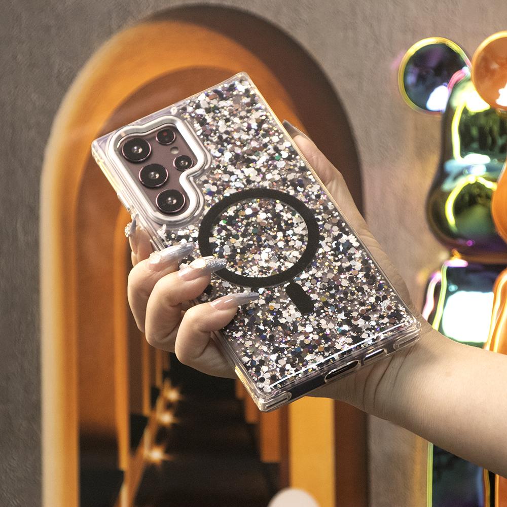 Glitter Glitter Transparent Strong Magnetic For Magsafe Phone Case For Samsung S25Ultra S25+ S25 S24 S23 A14 A15 A16 A24 A25 A34 A35 A54 A55 Metal Frame Shockproof Bumper Acrylic Hard Cover