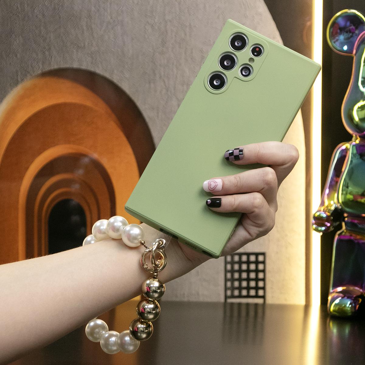 Liquid Silicone Matte Shockproof Phone Case with Pearl Metal Lanyard For Samsung S25 S24 S23 S22 S21 Note20 Camera Protect Soft Cover