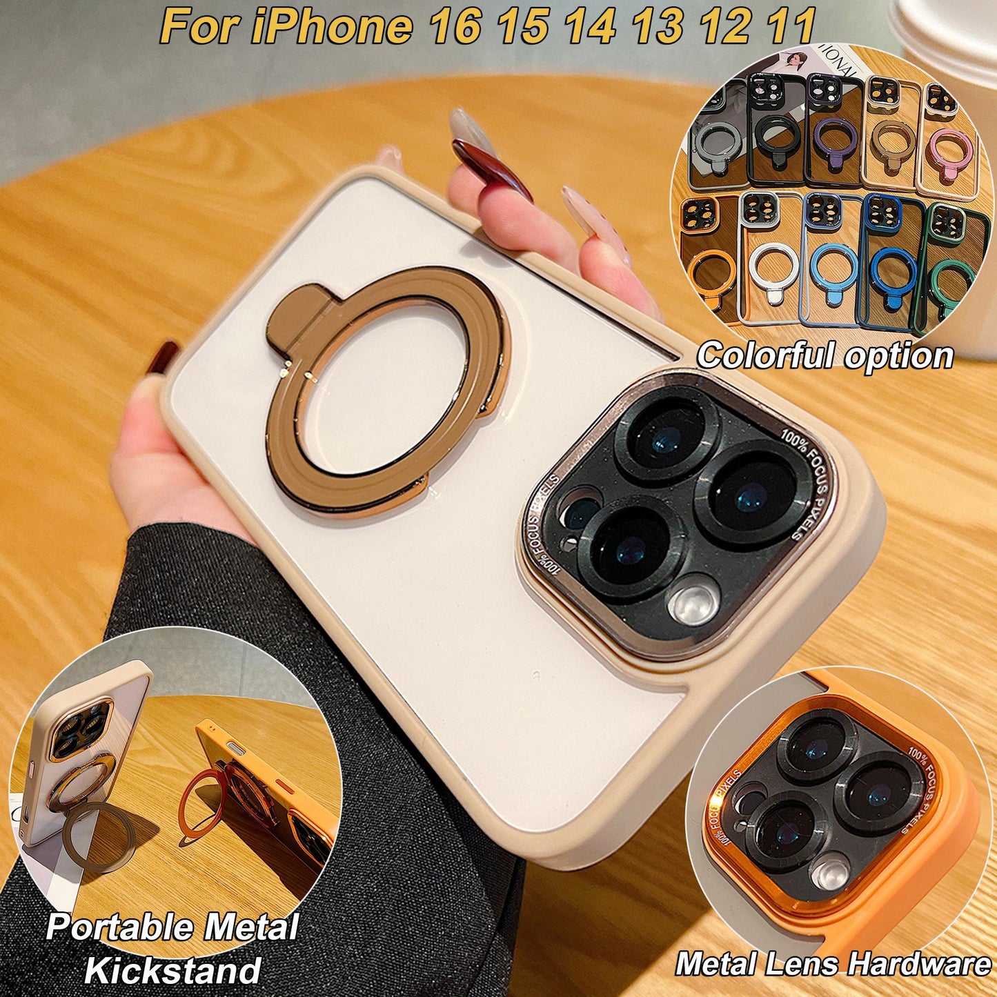 Colorful Crystal High Definition Clear Phone Case with Metal Kickstand For Magsafe For iPhone 16ProMax 16 15 14 13 12 11 Pro Max Plus Transparent HD Len Protection Hard Full Cover