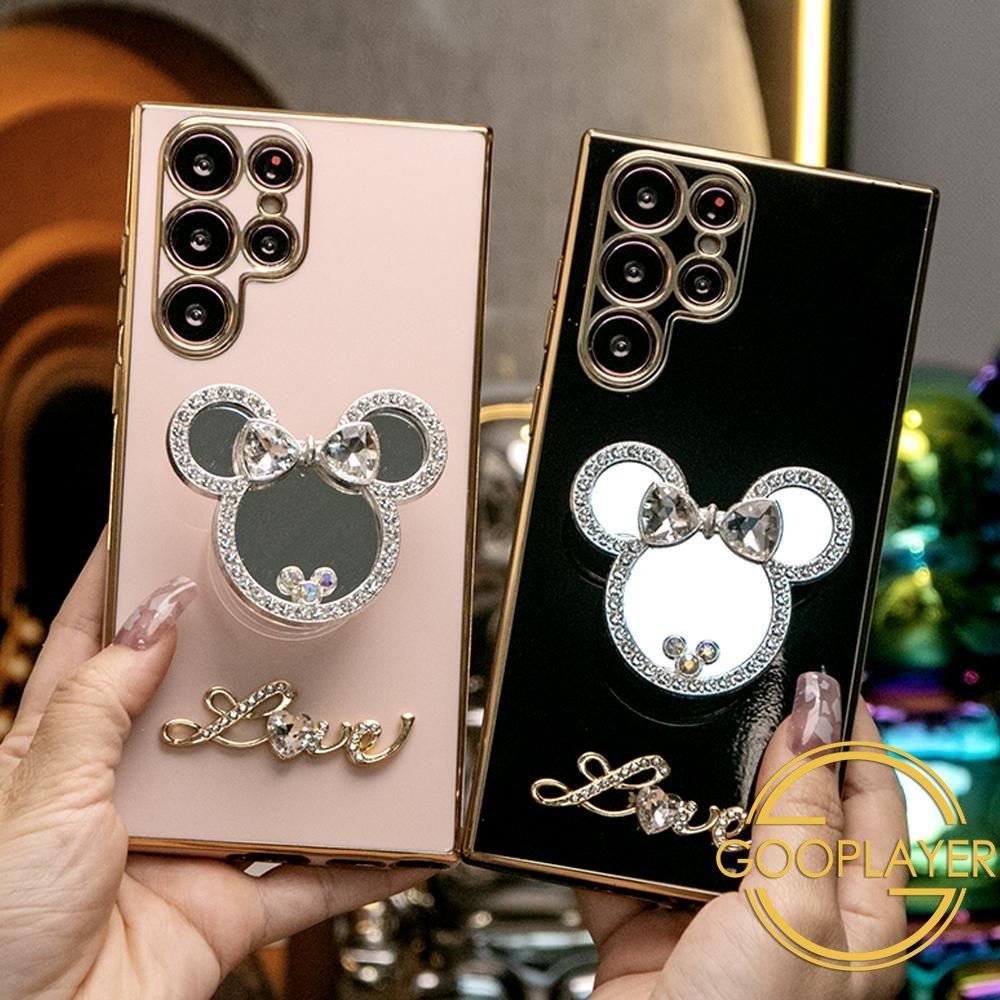 Mouse Head Mirror Pop Stand Kickstand Plating Phone Case For Samsung S25 S25Plus S25Ultra S24 S24FE S24Plus S24Ultra
