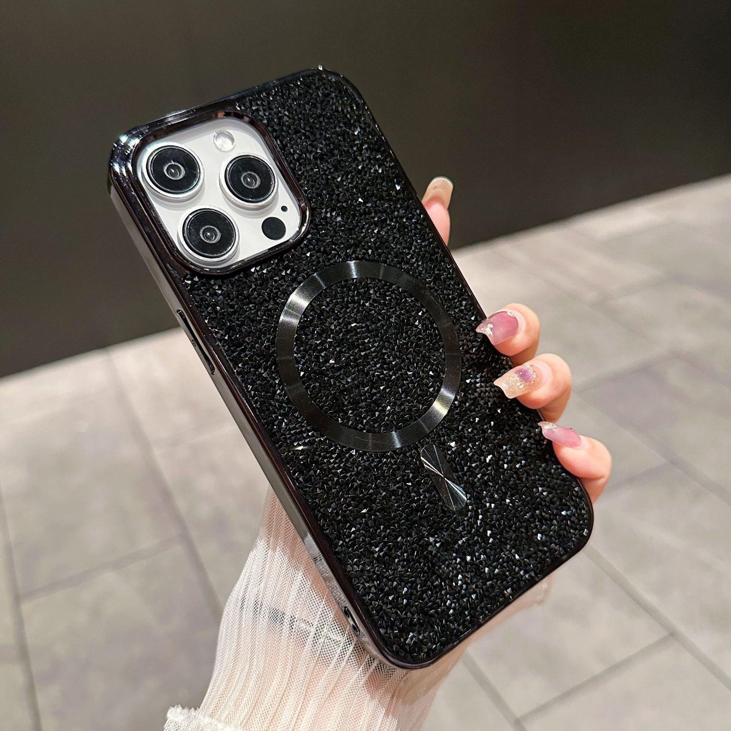 Luxury Rhinestone Glitter Plating Slim PC Strong Magnetic Phone Case For iPhone 16ProMax 15 14 13 Hard Support Wireless Charging Full Cover