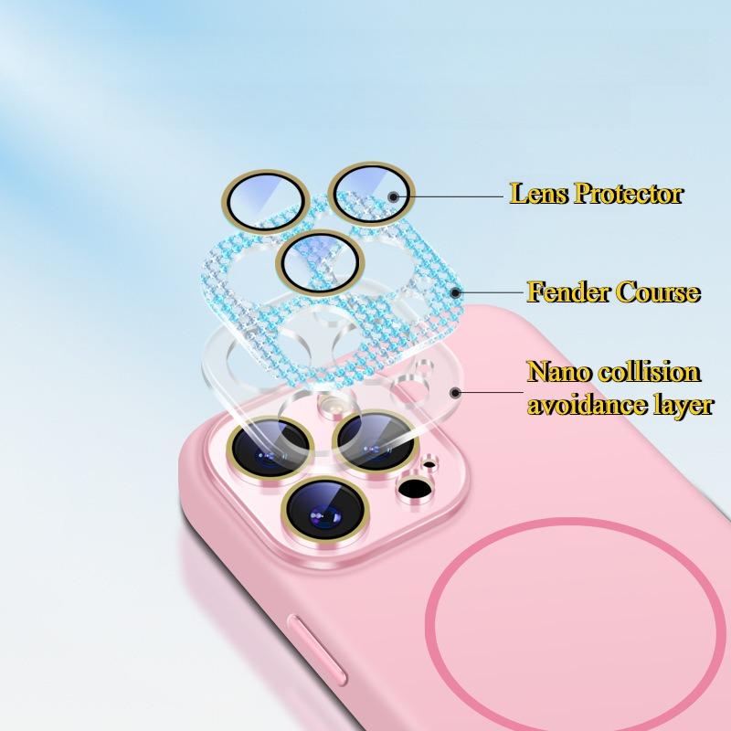 Liquid Silicone Fine Ring Strong Magnetic Precision Crystal Len Protector Fingerprint-proof Phone Case For iPhone 16ProMax 15 14 13 12 11, Soft Skin Feel Shockproof Soft Full Cover